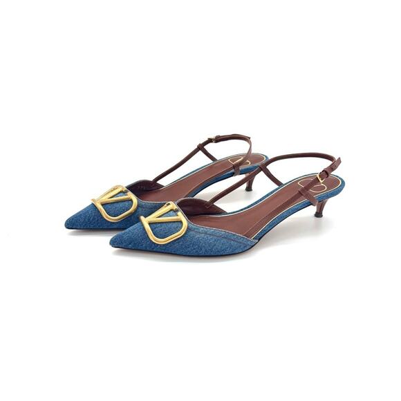 Valentino Garavani Shoes - Valentino Garavani VLogo Blue Denim Pointed Toe Slingback Kitten Heel Pumps 37.5
